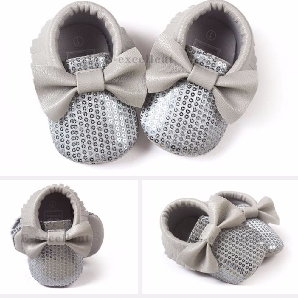 Baby Gray Sequin Moccasins